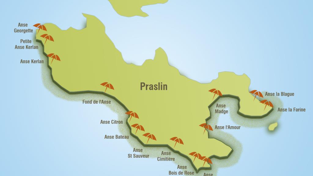 Map of Praslin - Which beaches are affected by seaweed between June and September?